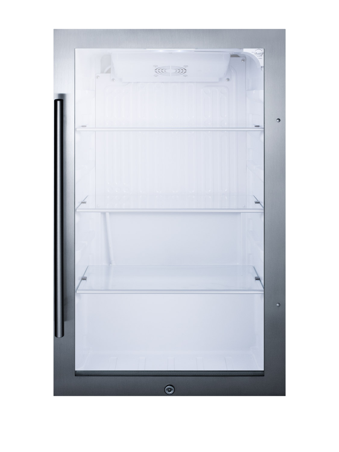 Commercially approved outdoor beverage cooler for built-in or freestanding use with a shallow 17
